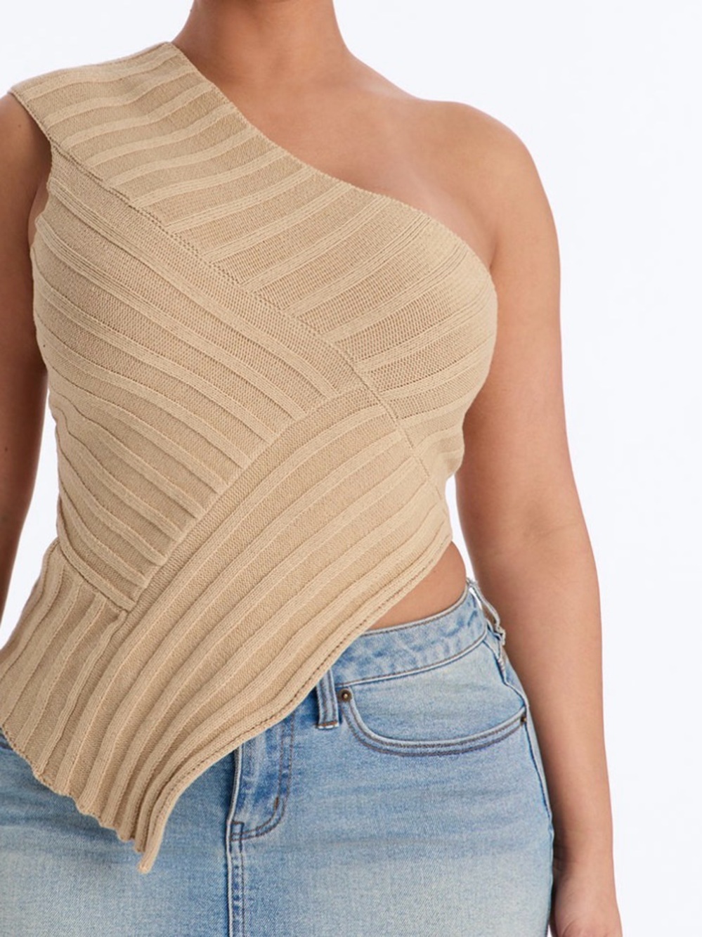 One-Shoulder Ribbed Crop Top in Cream - Picture 4 of 4